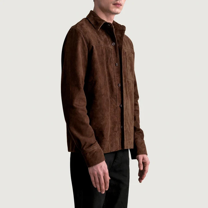 Side front view of Scout Mocha Suede Leather Shirt