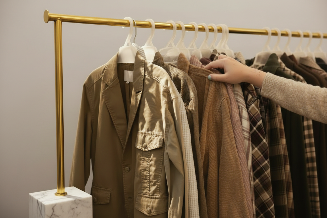 Hand reaching for a jacket on a rack with text 'Fancy Jackets, the epitome of elegance'.