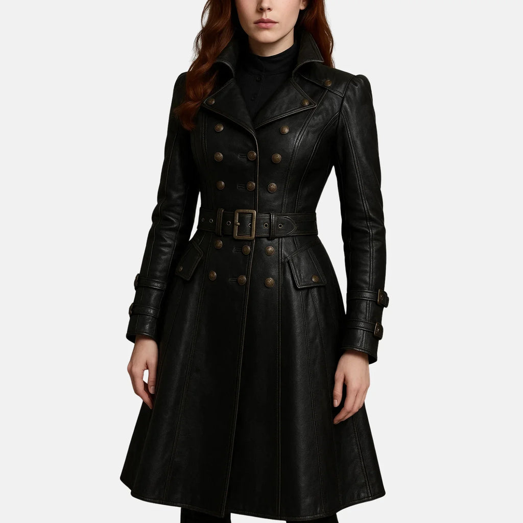 Women's Shadowa steampunk black leather trench coat with double-breasted brass buttons and buckled belt