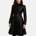 Women's Shadowa steampunk black leather trench coat with double-breasted brass buttons and buckled belt