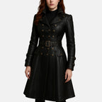 Women's Shadowa steampunk black leather trench coat with double-breasted brass buttons and buckled belt