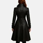 Women's Shadowa steampunk black leather trench coat with belted waist and flared hem