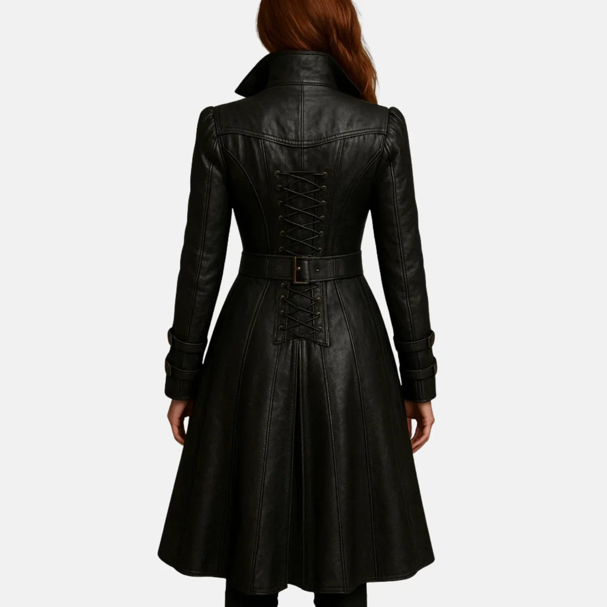 Women's Shadowa steampunk black leather trench coat with belted waist and flared hem
