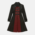 Women's Shadowa steampunk leather trench coat in black with burgundy front panel and triple buckle straps