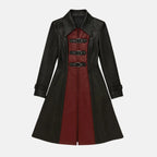 Women's Shadowa steampunk leather trench coat in black with burgundy front panel and triple buckle straps