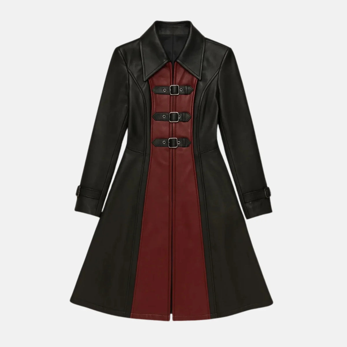 Women's Shadowa steampunk leather trench coat in black with burgundy front panel and triple buckle straps