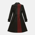 Women's Shadowa steampunk black leather trench coat with fitted waist and flared A-line hem