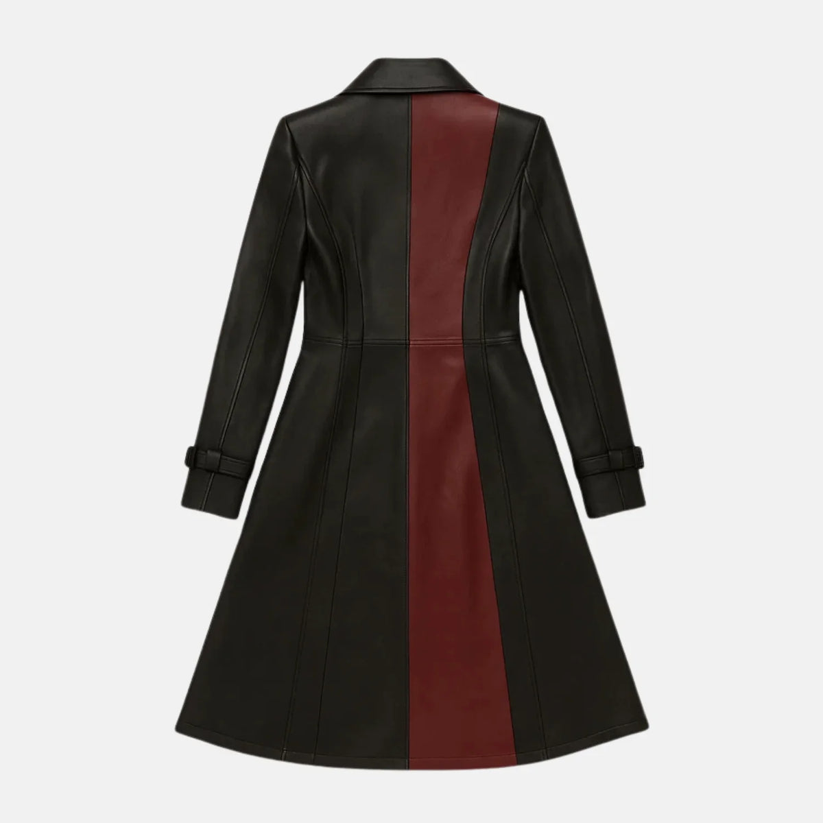 Women's Shadowa steampunk black leather trench coat with fitted waist and flared A-line hem