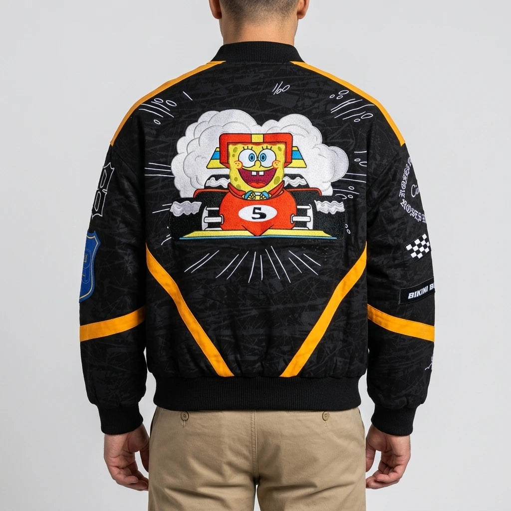 Men’s black twill racing bomber jacket with yellow panels, ribbed collar and rib-knit hem