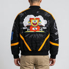 Men’s black twill racing bomber jacket with yellow panels, ribbed collar and rib-knit hem