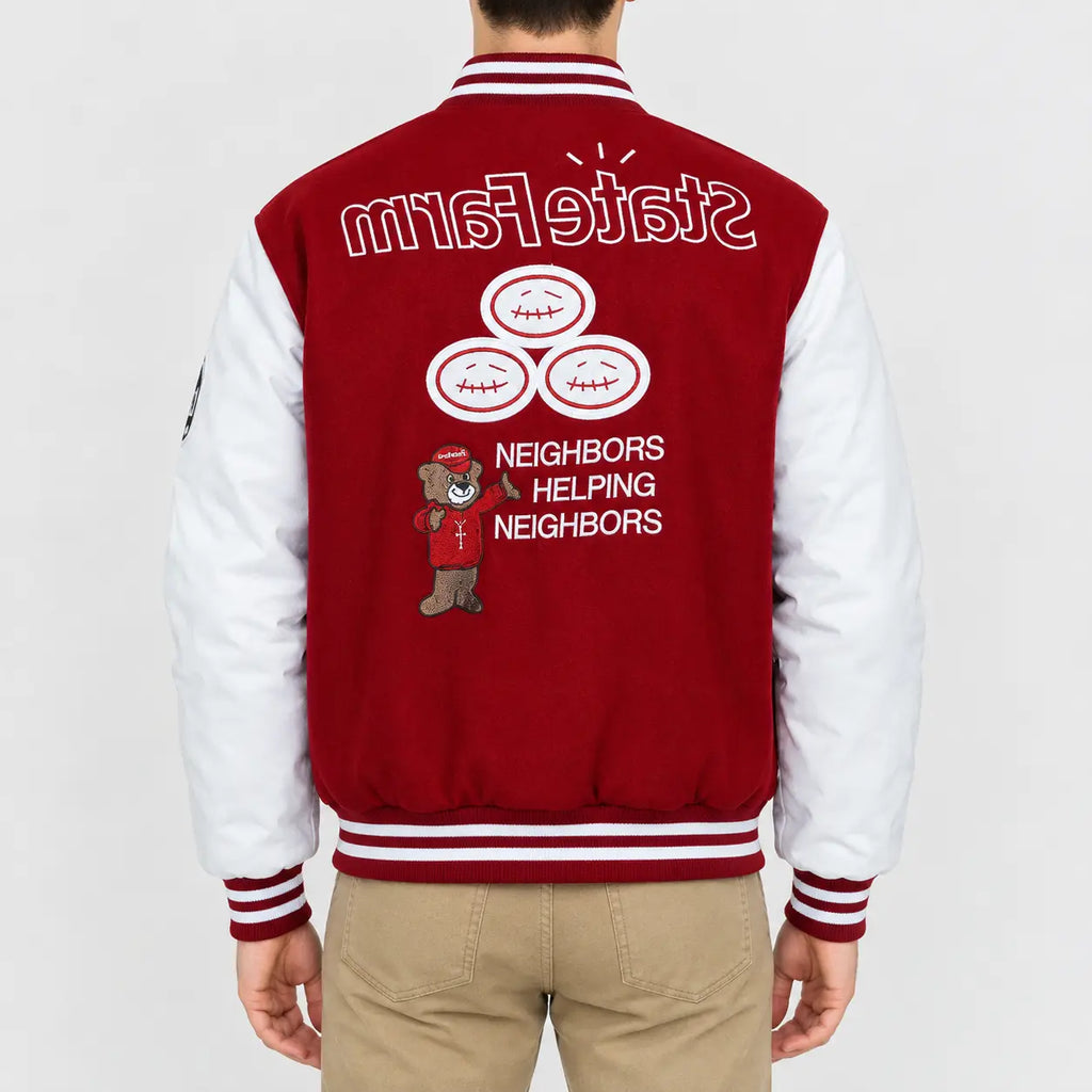 Men’s maroon wool varsity jacket with white leather sleeves, striped rib collar, cuffs and hem