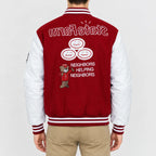 Men’s maroon wool varsity jacket with white leather sleeves, striped rib collar, cuffs and hem