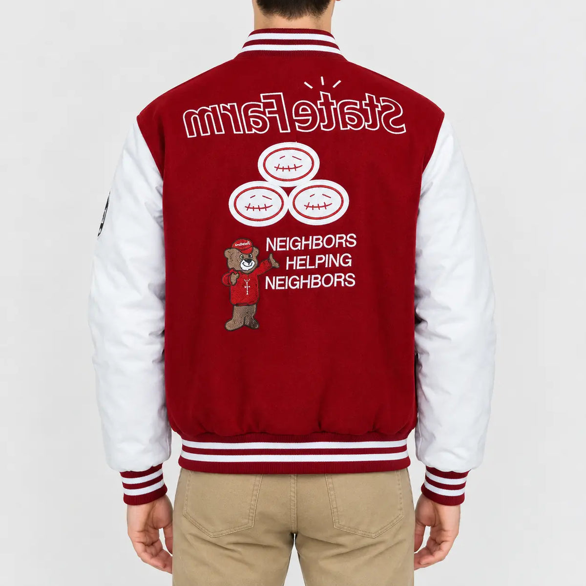 Men’s maroon wool varsity jacket with white leather sleeves, striped rib collar, cuffs and hem