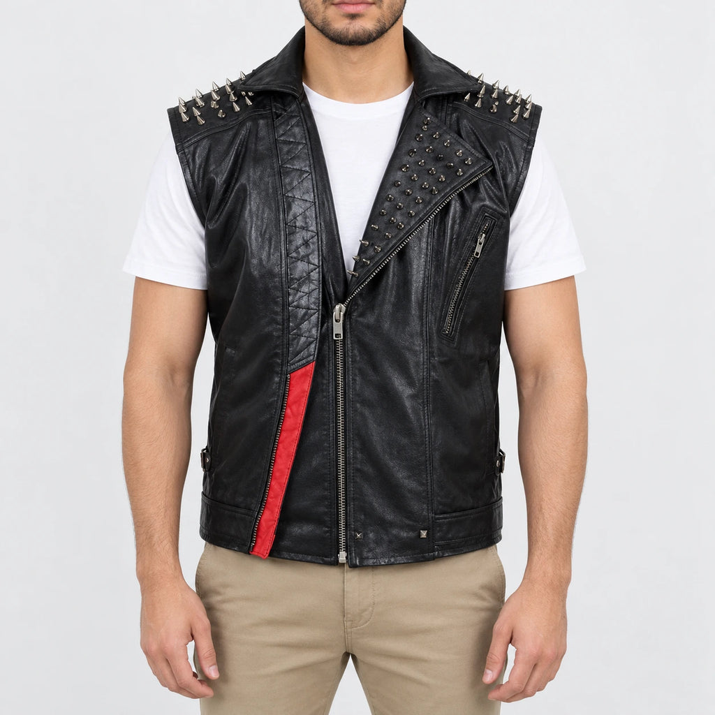 Men’s Leather vest with spiked shoulders, red contrast panel and asymmetrical front zipper, front view