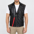 Men’s Leather vest with spiked shoulders, red contrast panel and asymmetrical front zipper, front view