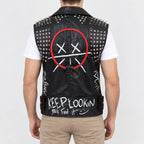 Men’s black leather biker vest with spiked shoulders and side buckle adjuster tabs, back view