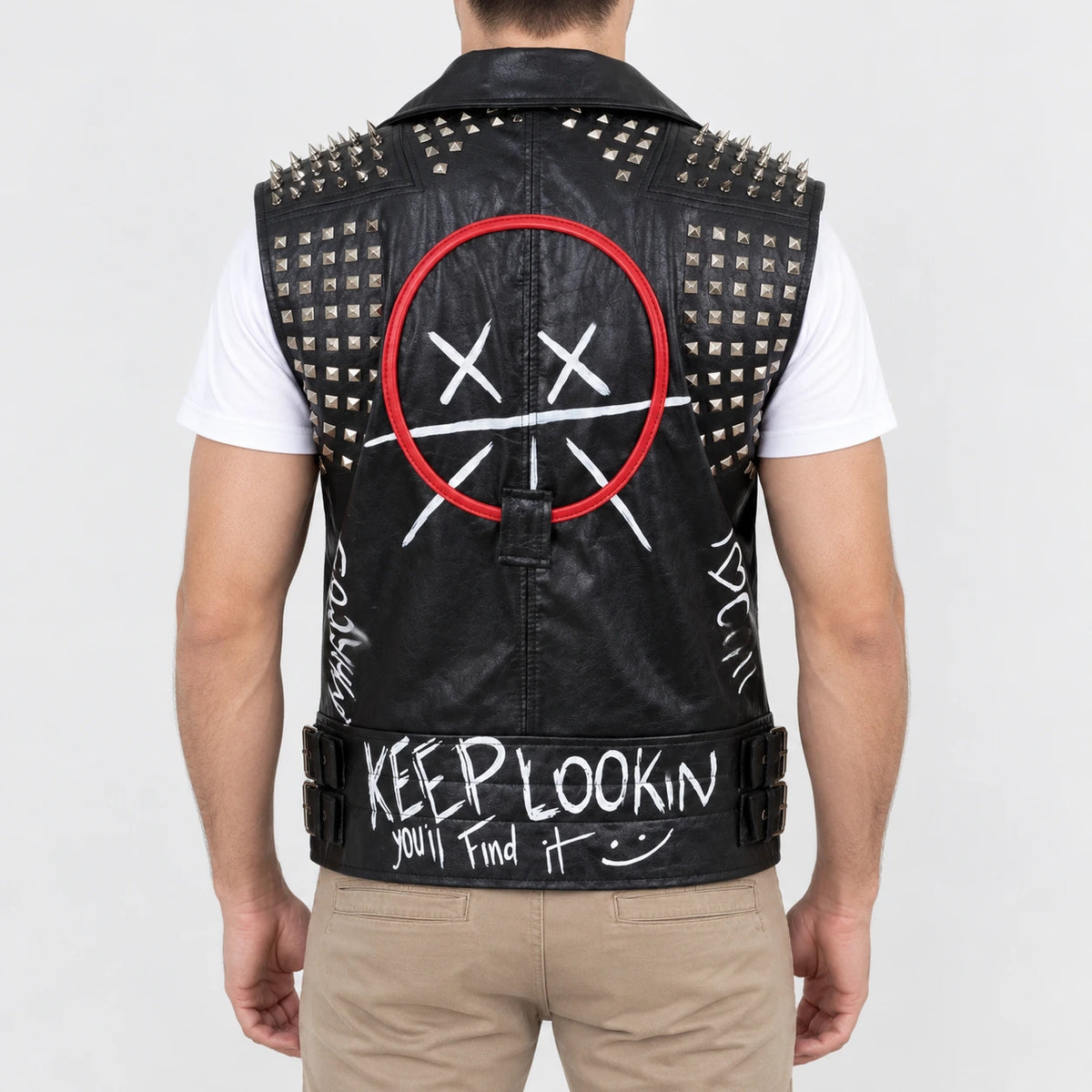 Men’s black leather biker vest with spiked shoulders and side buckle adjuster tabs, back view