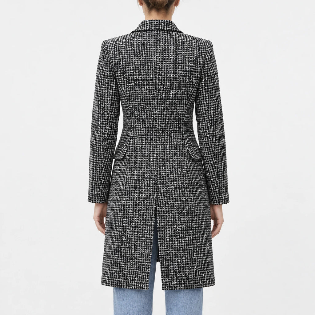 Women’s black and white tweed wool coat with tailored fit and mid-length straight hem