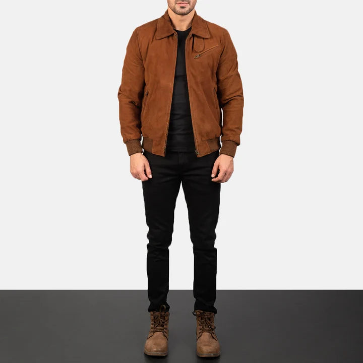 Full Length View of Model Wearing Tan Suede Leather Jacket with Black Jeans