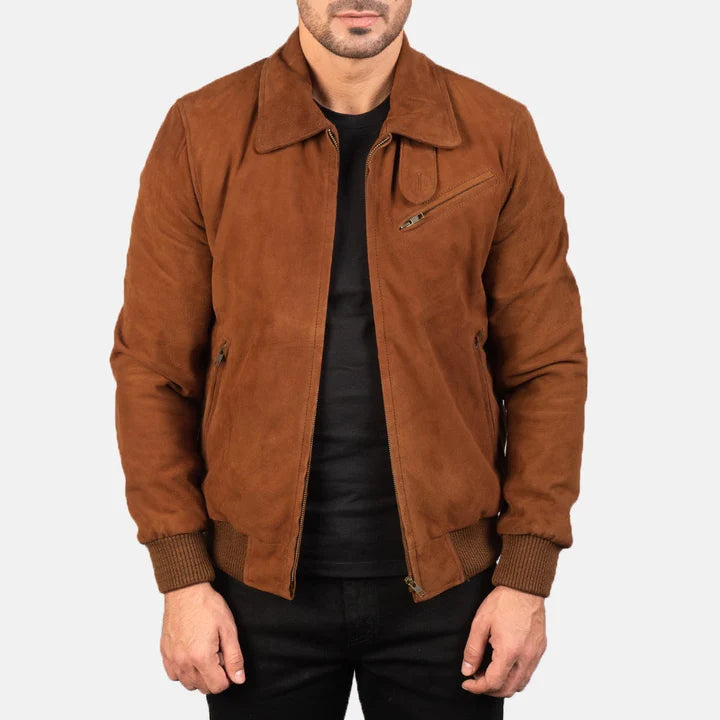 Tomchi Tan Suede Leather Jacket for Men - Front View