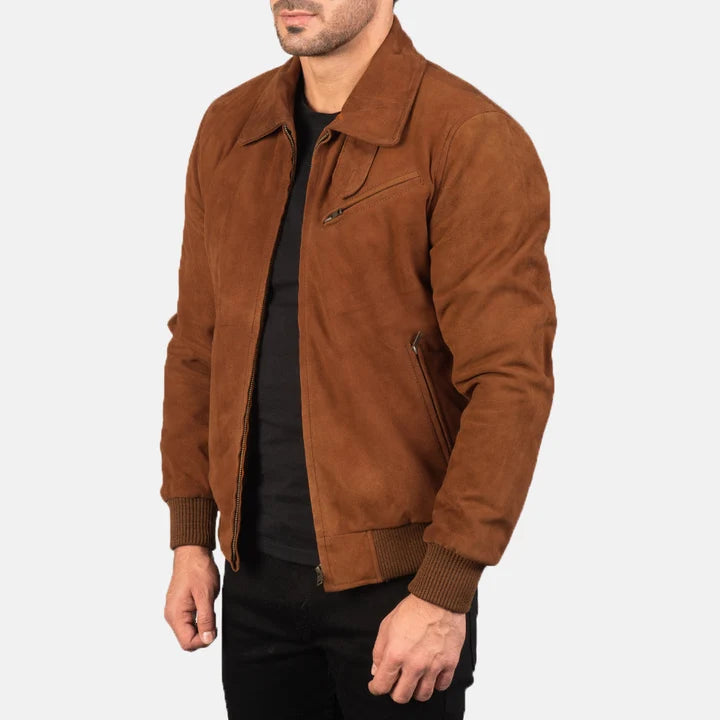 Side Profile View of Men's Tan Suede Leather Jacket