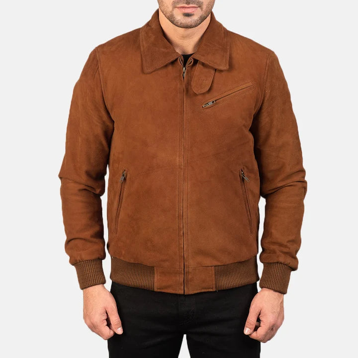 Close-up of Men's Tan Suede Leather Jacket Zipper and Collar