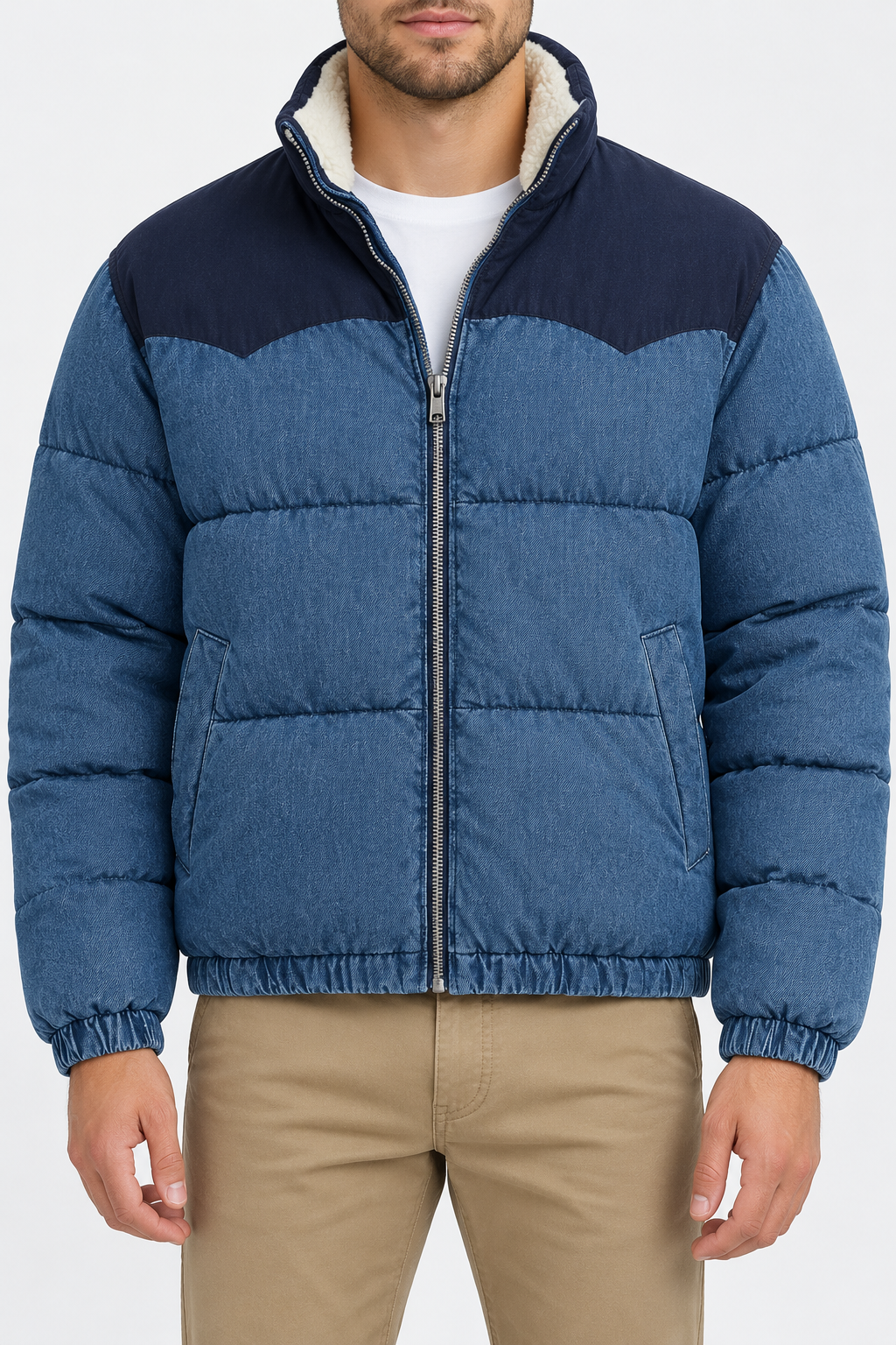 Men’s blue denim puffer jacket with navy contrast yoke, sherpa lined collar and front zipper