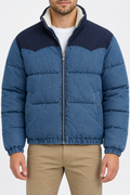 Men’s blue denim puffer jacket with navy contrast yoke, sherpa lined collar and front zipper