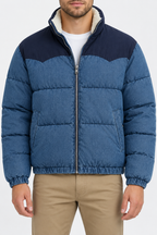 Men’s blue denim puffer jacket with navy contrast yoke, sherpa lined collar and front zipper