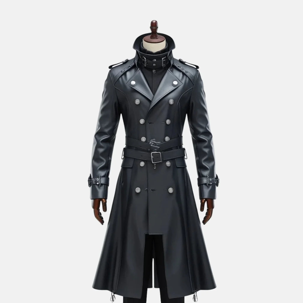 Men's steampunk leather trench coat in black with double-breasted buttons, buckle belt and epaulettes, front view
