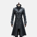 Men's steampunk leather trench coat in black with double-breasted buttons, buckle belt and epaulettes, front view