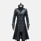 Men's steampunk leather trench coat in black with double-breasted buttons, buckle belt and epaulettes, front view