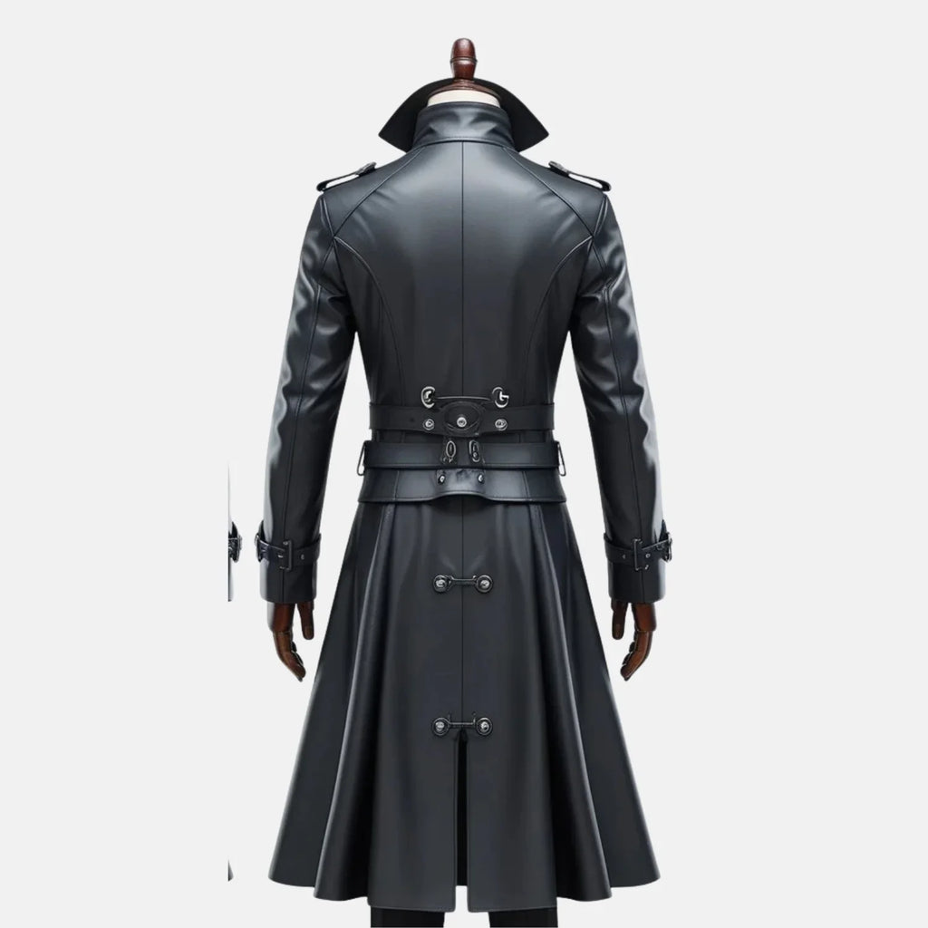 Men's steampunk leather trench coat in black with belted waist and long flared hem, back view