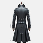Men's steampunk leather trench coat in black with belted waist and long flared hem, back view