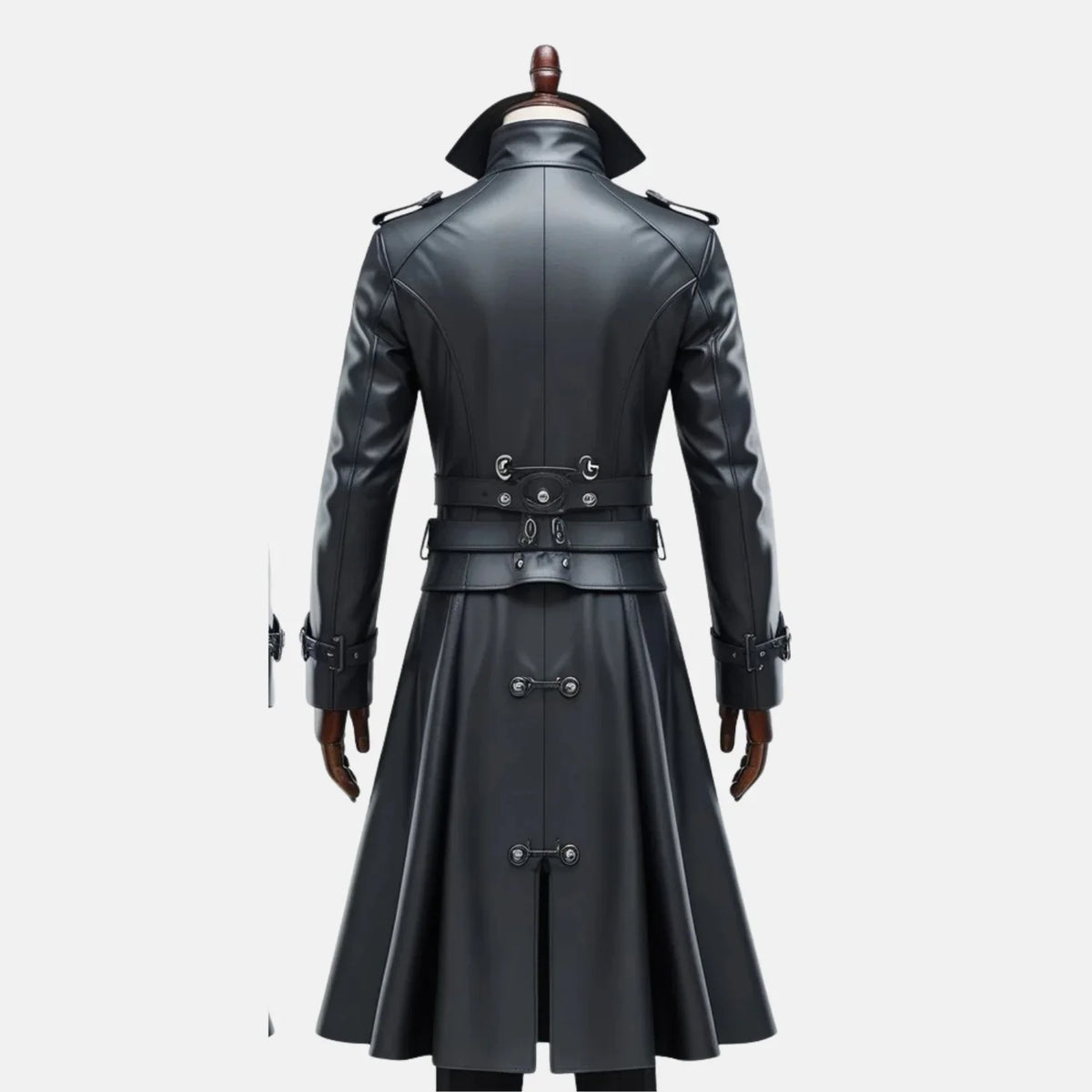Men's steampunk leather trench coat in black with belted waist and long flared hem, back view