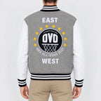 Men’s grey wool varsity jacket with white leather sleeves and striped rib collar, cuffs and hem