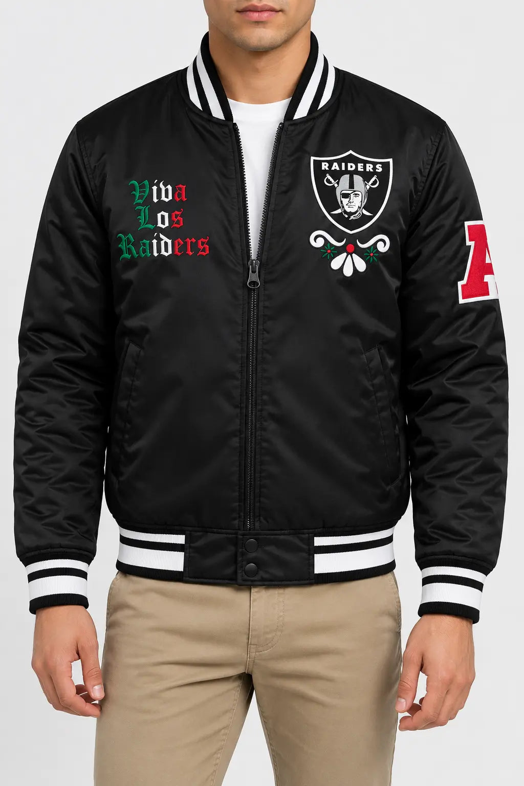 Men’s black satin varsity bomber jacket with striped rib collar, cuffs and hem