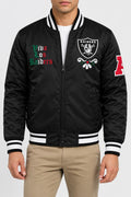 Men’s black satin varsity bomber jacket with striped rib collar, cuffs and hem