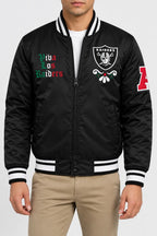 Men’s black satin varsity bomber jacket with striped rib collar, cuffs and hem