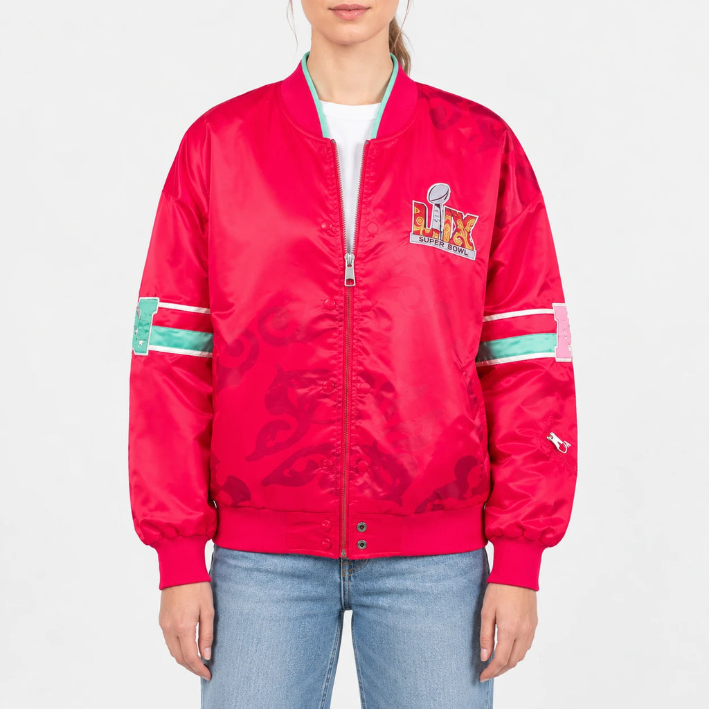 Women’s red satin varsity bomber jacket with rib-knit collar, teal sleeve stripes, snap and zip front