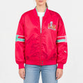 Women’s red satin varsity bomber jacket with rib-knit collar, teal sleeve stripes, snap and zip front