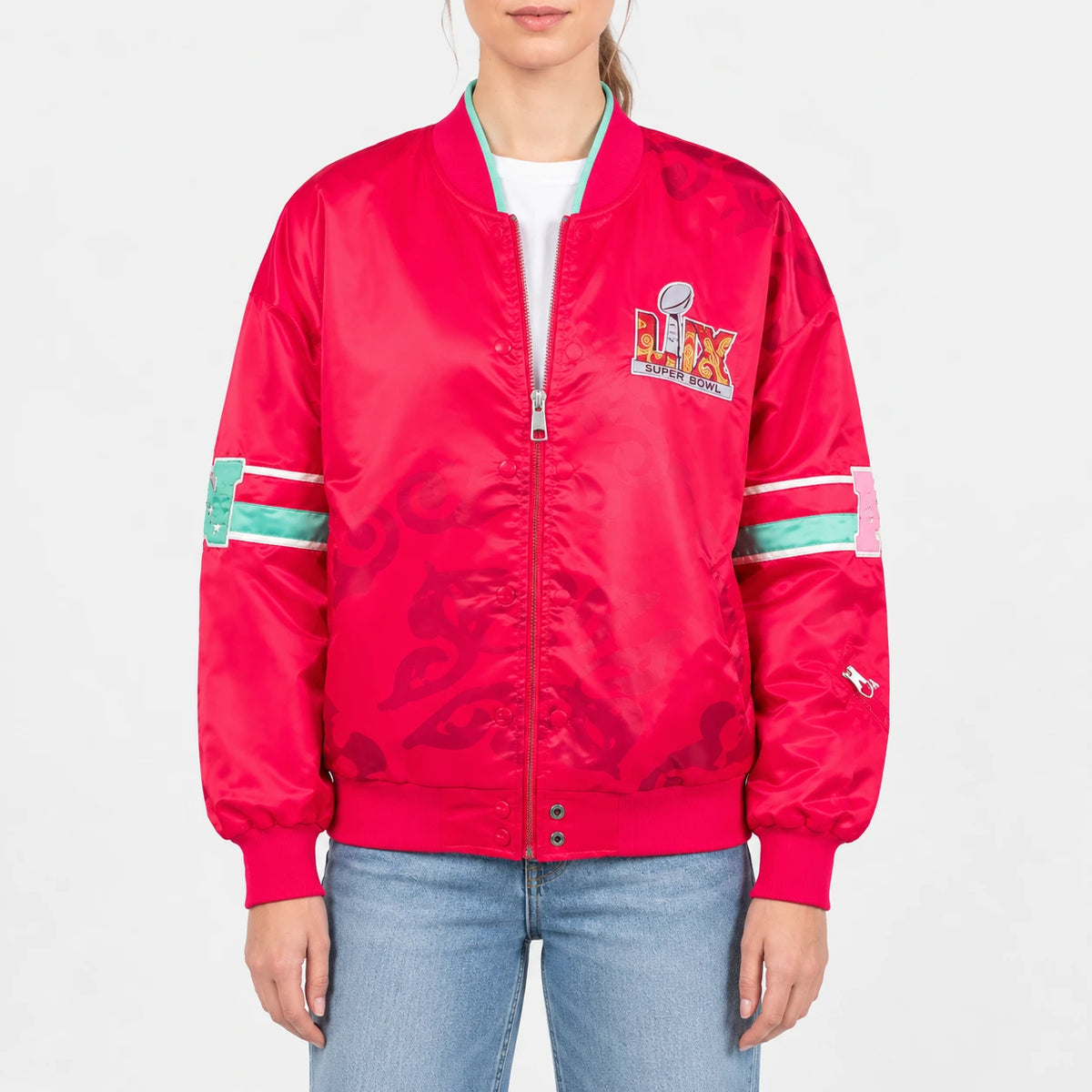 Women’s red satin varsity bomber jacket with rib-knit collar, teal sleeve stripes, snap and zip front