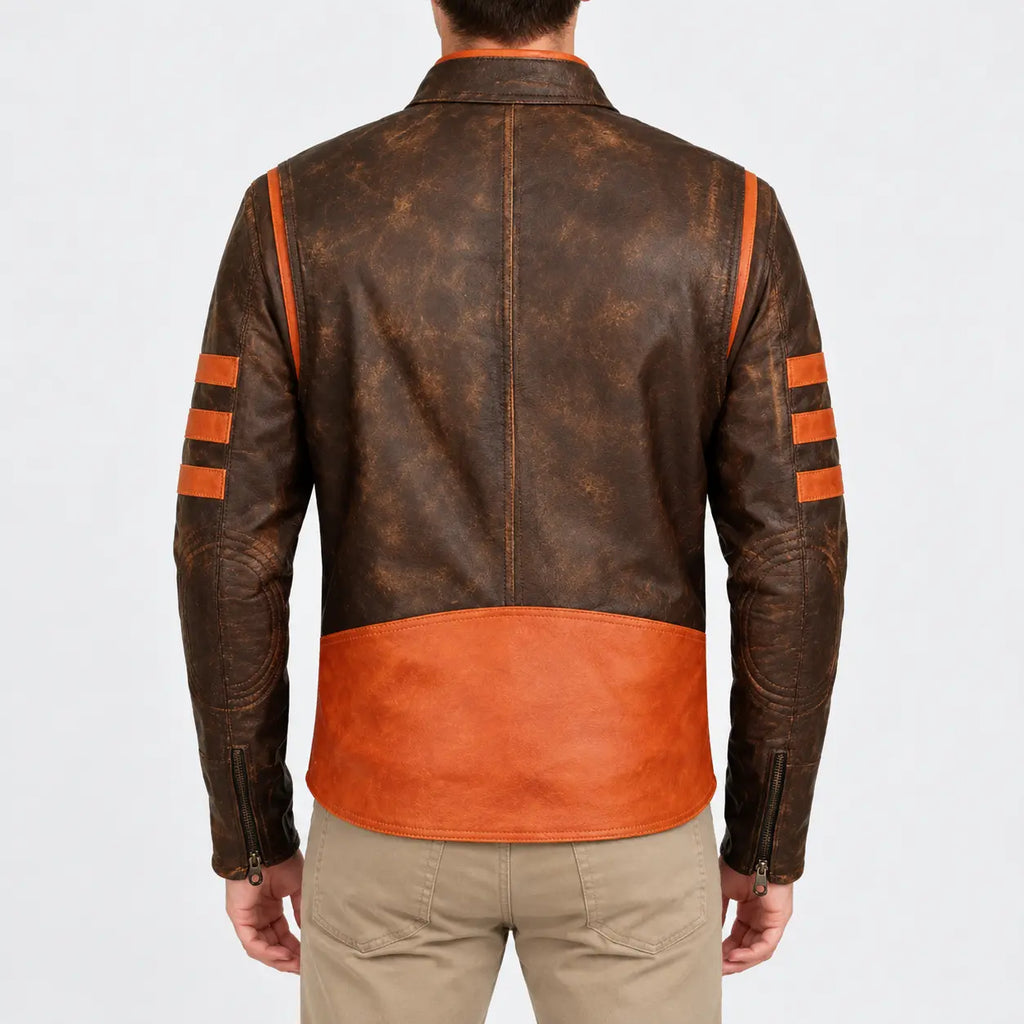 Men’s distressed brown real leather biker jacket with tan sleeve stripes and tan hem panel