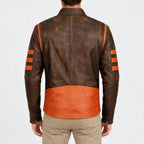 Men’s distressed brown real leather biker jacket with tan sleeve stripes and tan hem panel