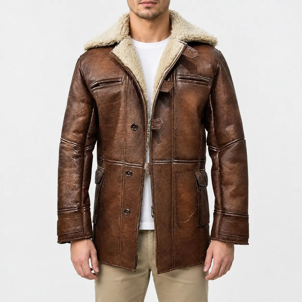 Men’s brown real leather shearling coat with fur lapel collar, loop button front and flap pockets