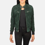 Zenna Women’s Suede Leather Bomber Jacket with Stand Collar