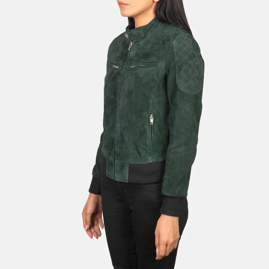 Zenna Women’s Suede Leather Bomber Jacket with Stand Collar
