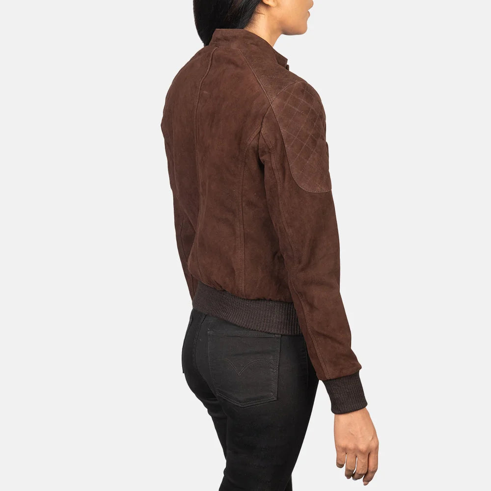 Zenna Women’s Suede Leather Bomber Jacket with Stand Collar