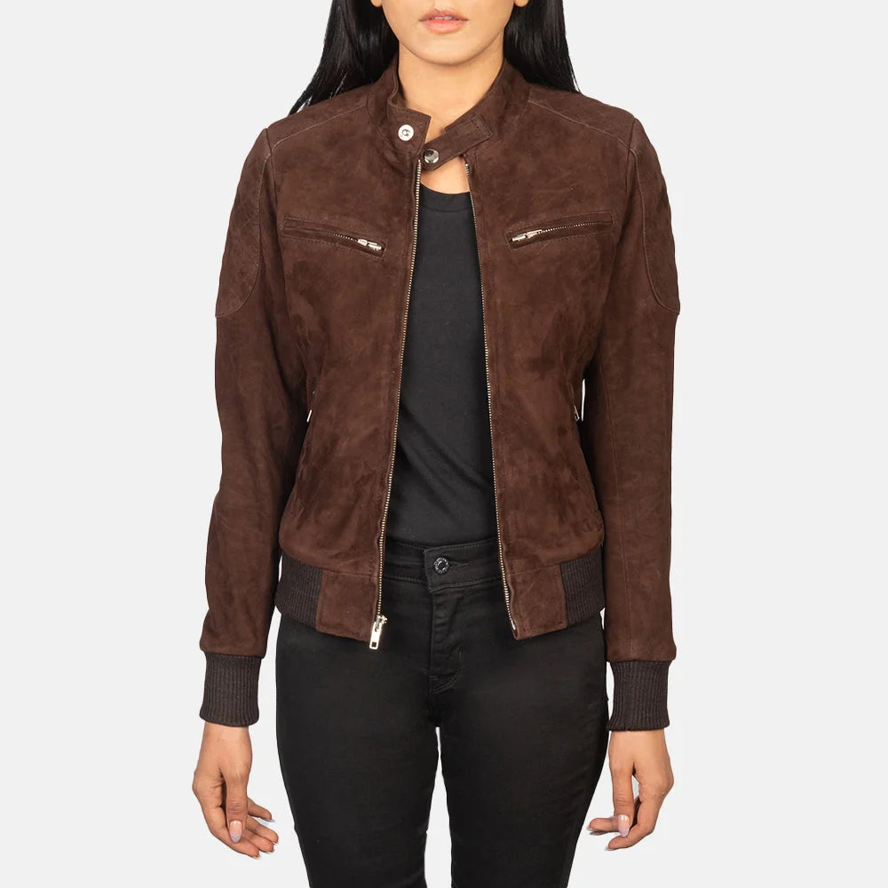 Zenna Women’s Suede Leather Bomber Jacket with Stand Collar