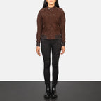 Zenna Women’s Suede Leather Bomber Jacket with Stand Collar